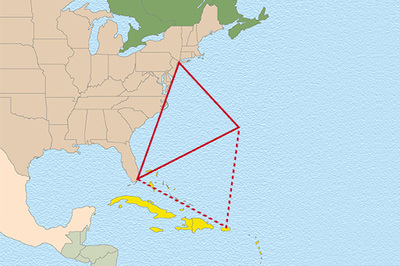 two triangles drawn in red lines over a map of the Caribbean and eastern USA